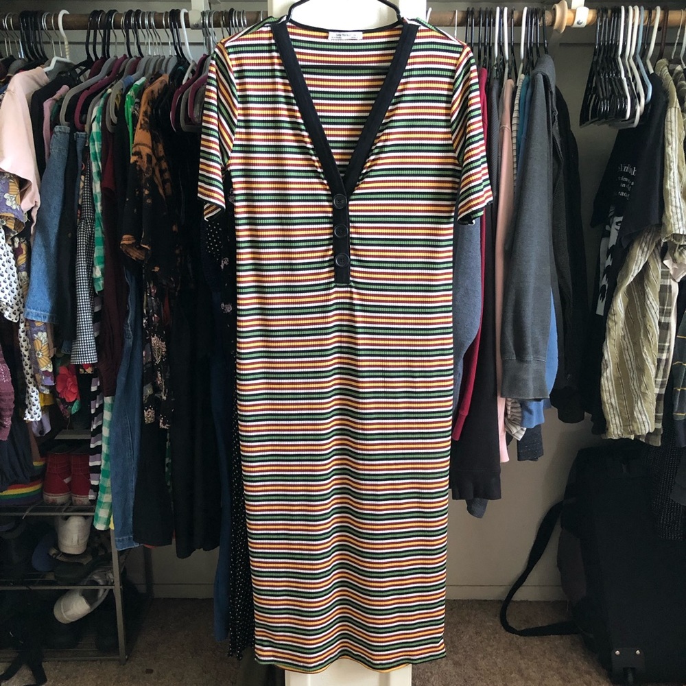 ZARA deep V-neck striped maxi dress
